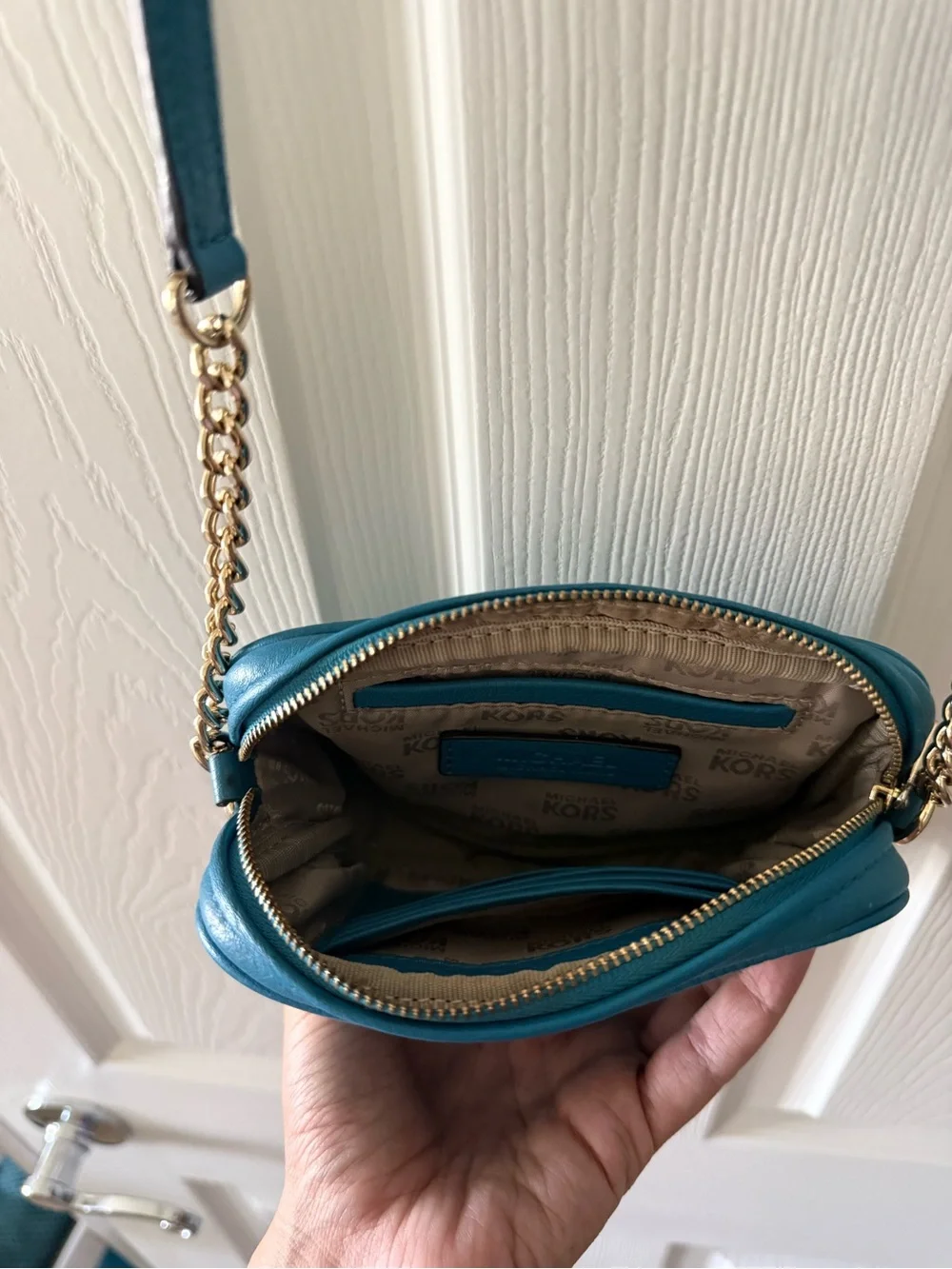 Michael Kors Blue Leather Crossbody with Gold-Tone Chain